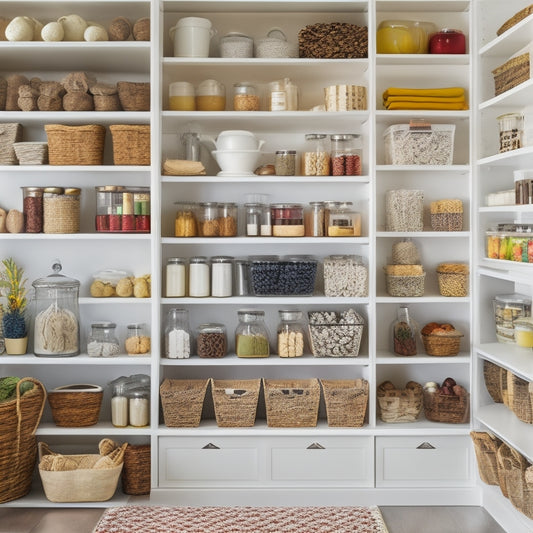 A tidy, well-lit pantry with sleek white shelves, featuring various containers and jars with colorful, uniform labels, surrounded by decorative baskets and a few strategically placed culinary utensils.