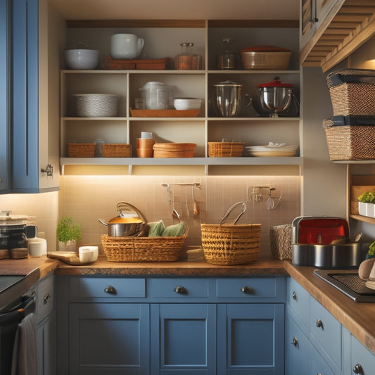 A tidy kitchen with three cabinets: one with labeled baskets, one with stacked plates, and one with a pull-out drawer organizer, all illuminated by a warm, soft light.