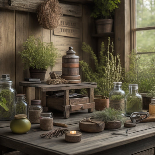 A rustic wooden apothecary table with assorted herbal jars, twine, scissors, and a vintage printing press surrounded by lush greenery and soft, warm lighting.