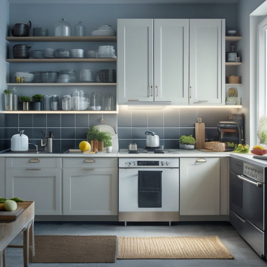 A cluttered kitchen with overflowing cabinets, messy countertops, and a tangled web of cords, contrasted with a sleek, minimalist kitchen in the background with sleek appliances and ample negative space.
