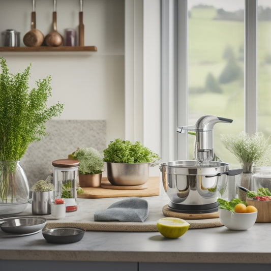 A clutter-free kitchen counter with a stand mixer, immersion blender, and precision cooker, surrounded by neatly arranged utensils, ingredients, and a few fresh herbs, bathed in warm, natural light.
