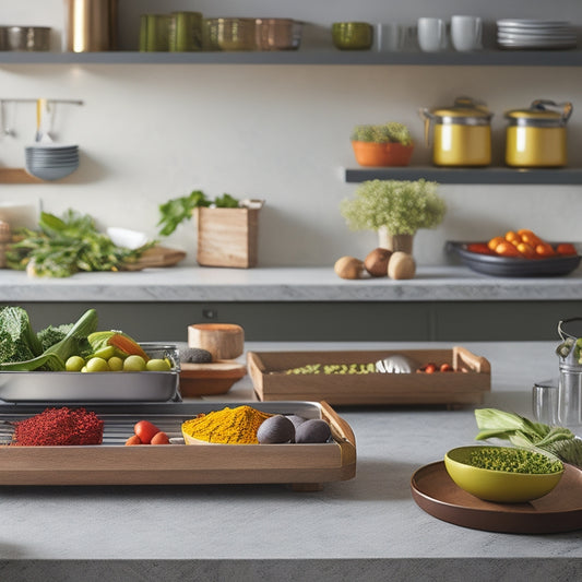 A sleek, modern kitchen with high-quality roll-out trays filled with colorful spices, fresh vegetables, and utensils. Soft natural light illuminates the cozy space, highlighting the elegant design and functionality of the trays.