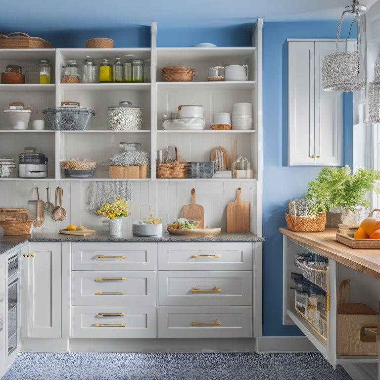 A bright, modern kitchen with a corner cabinet open, showcasing a lazy Susan, baskets, and dividers organizing cookware, utensils, and spices, with a few items spilling out invitingly.