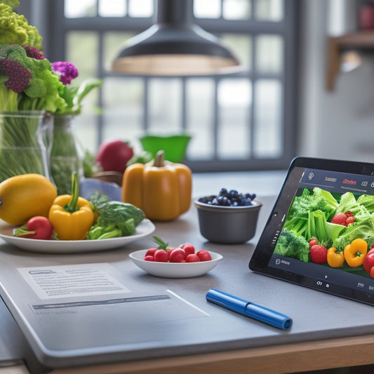 A tidy kitchen counter with a tablet displaying a digital inventory dashboard, surrounded by a few fresh vegetables, a basket of fruit, and a small notebook with a pen.
