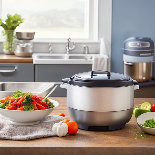 A warm, inviting kitchen scene: a stainless steel Microsafe™ Rice Cooker sits on a clean, white countertop, surrounded by steaming bowls of fluffy rice and vibrant, fresh vegetables.