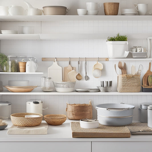 A cluttered kitchen countertop with scattered utensils, appliances, and cookbooks, transformed into an organized space with sleek, modern organizers, baskets, and trays in a calming beige and white color scheme.