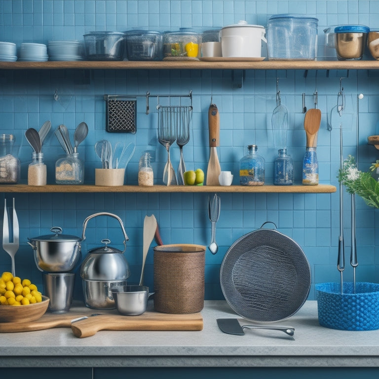 A tidy kitchen counter with a decorative utensil holder containing a neatly organized array of kitchen tools, including a chef's knife, spatula, and whisks, surrounded by a few strategically placed hooks and a pegboard.