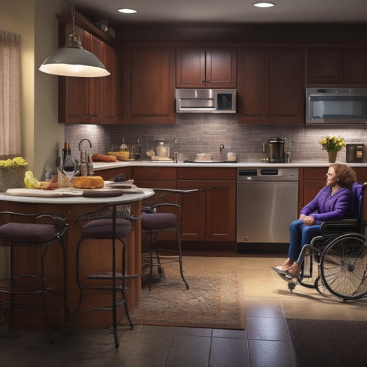 An image of a well-lit, wheelchair-accessible kitchen with a walk-in pantry, lowered countertops, and a roll-under sink, featuring a comfortable seating area with a supportive stool.
