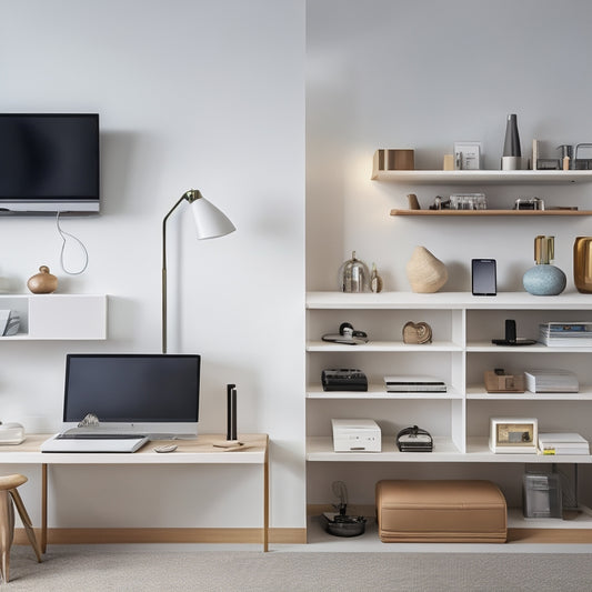 A modern, sleek, and minimalist room with a custom shelving unit in the center, displaying a neatly organized array of gadgets, devices, and tech accessories in a harmonious color palette.