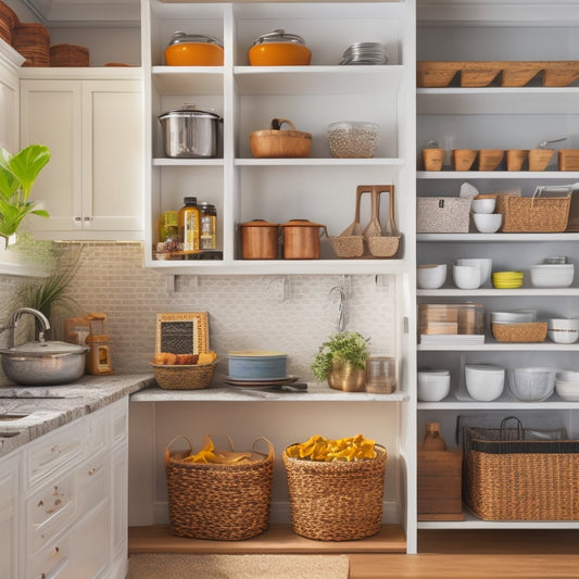 A clutter-free kitchen with a mix of open shelves, cabinets, and baskets, showcasing a utensil organizer on the wall, a tiered spice rack, and a pull-out trash can.