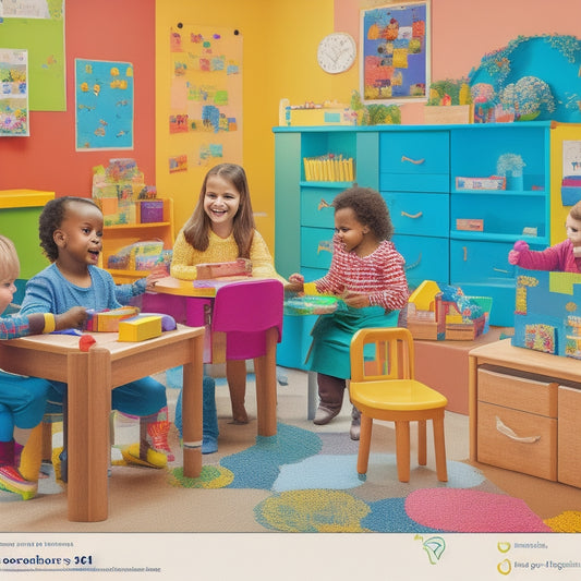 A colorful illustration of a cheerful childcare setting, featuring a registration desk with a smiling teacher, a bulletin board with a posted menu, and happy children playing with toys and blocks in the background.