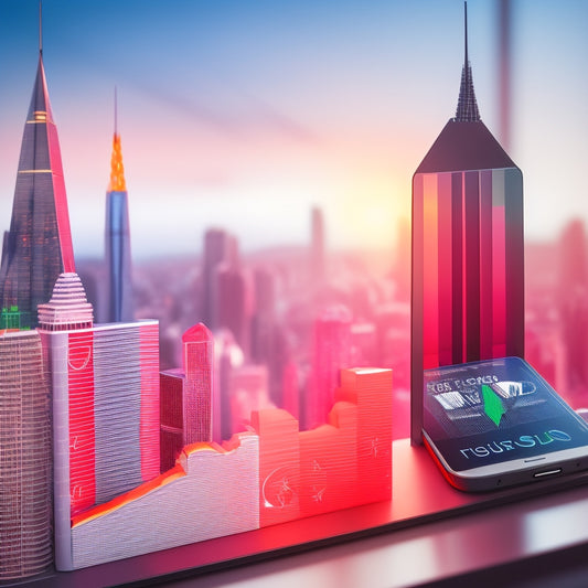 A stylized illustration of a smartphone with a miniature Google Play Store icon on the screen, surrounded by ascending arrows and rising graph lines, amidst a subtle cityscape background with subtle hints of coding symbols.