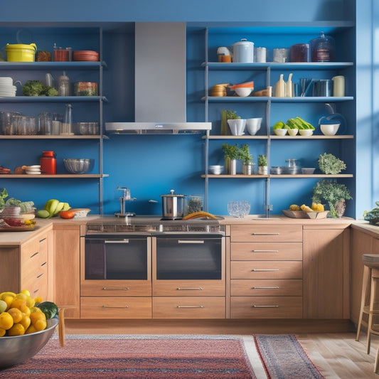 A sleek, modern modular kitchen featuring an island with organized storage, vibrant vegetables, and utensils. Open shelving displays colorful spices, while ambient lighting highlights efficient meal prep areas, creating an inviting culinary space.