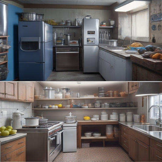 A split-screen image featuring a clean, organized commercial kitchen on one side, with utensils, refrigerators, and stainless steel countertops, and a cluttered, dirty kitchen on the other, with expired cans and moldy food.