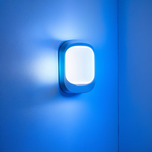 A sleek, modern bulkhead light with a futuristic design, glowing bright white LED lights, mounted on a dark grey concrete wall, surrounded by subtle shadows and reflections, against a faintly gradient blue background.