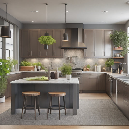 A sleek, modern kitchen with a central modular island featuring multiple storage compartments, warm wood accents, and stainless steel appliances, surrounded by vibrant potted herbs, elegant pendant lighting, and a cozy dining area.