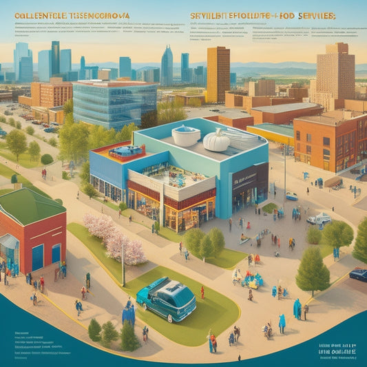 A warm and inviting illustration depicting a stylized Denver cityscape with various support services, including a shelter, food bank, and health clinic, surrounded by people of diverse ages and abilities.
