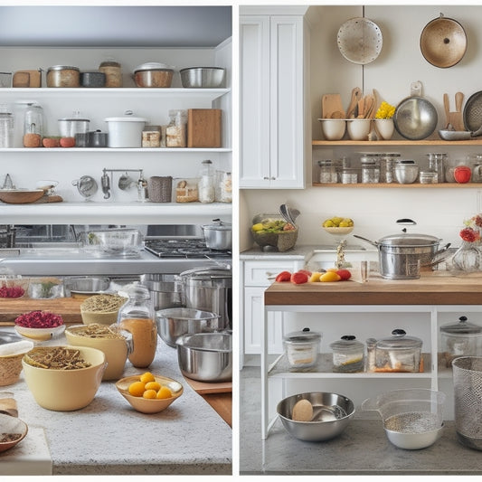 A split-screen image: a cluttered kitchen counter with mixing bowls, utensils, and ingredients in disarray on one side, and a tidy, organized kitchen with labeled jars, a clean countertop, and a few strategically placed tools on the other.