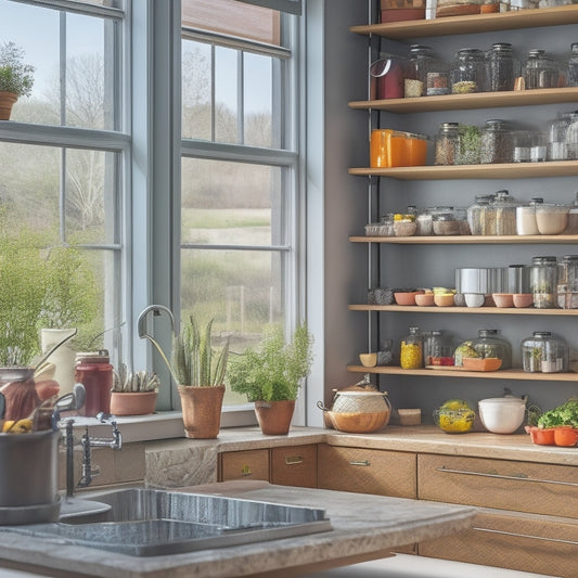 A modern kitchen featuring a stylish multi-purpose storage rack, elegantly displaying colorful spices, pots, and utensils. Natural light streams through a window, highlighting the sleek design and organized kitchen ambiance.