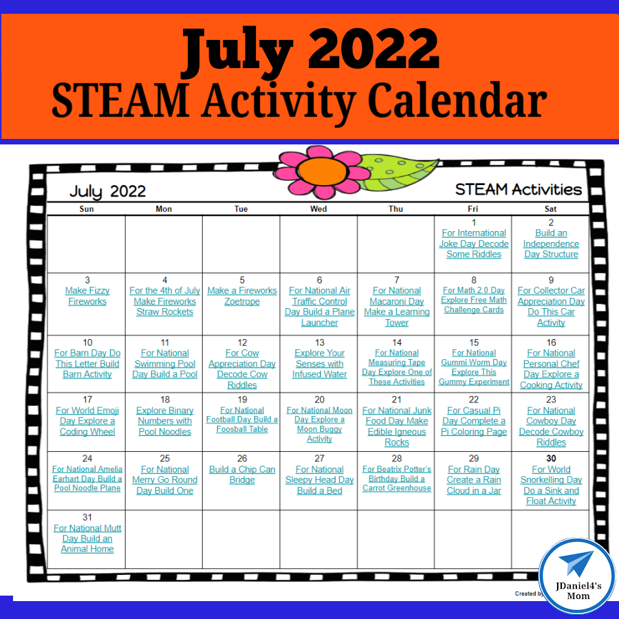 July 2022 STEAM Activities Calendar