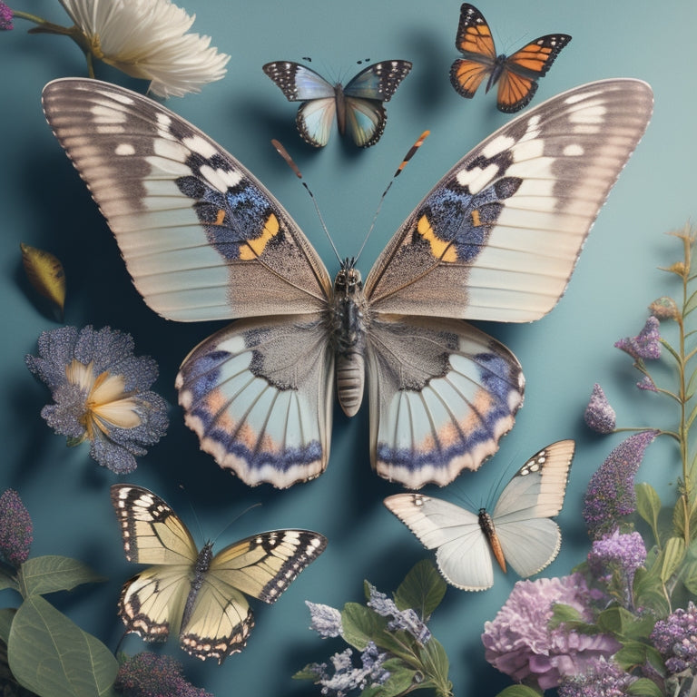 A delicate, dreamy illustration of various butterfly species, showcasing intricate wing patterns, swirling shapes, and vibrant colors, set against a soft, creamy background with subtle, whimsical botanical elements.