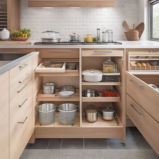 A modern kitchen featuring sleek pull-out drawers filled with organized utensils, pots, and spices. Bright, natural light floods the space, highlighting the polished countertops and cabinetry, showcasing a functional and stylish storage solution.
