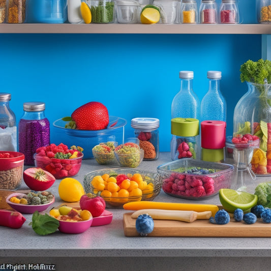 A colorful, well-organized kitchen counter with various sized glass and plastic containers, stainless steel utensils, fresh fruits, vegetables, lean proteins, and healthy snacks, with a subtle background of a meal planning calendar.