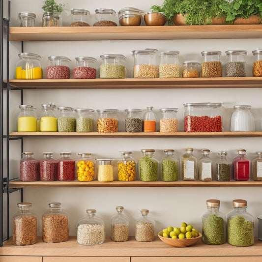 A beautifully organized kitchen cabinet with clear glass jars, neatly stacked plates, colorful spice containers, hanging measuring cups, and labeled bins, all arranged with a fresh herb plant in the corner, creating a sense of spaciousness.