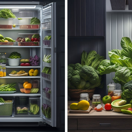 A split-screen image featuring a cluttered, dimly lit refrigerator with wilted lettuce and brown avocado, contrasted with a tidy, well-lit fridge showcasing crisp greens and vibrant vegetables in organized containers.