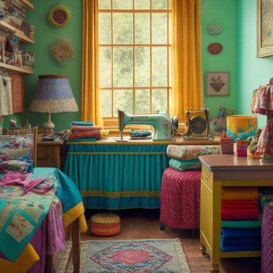 A colorful, clutter-free sewing studio with a vintage sewing machine, neatly organized threads, and a half-finished quilt with vibrant fabrics and intricate stitching patterns.