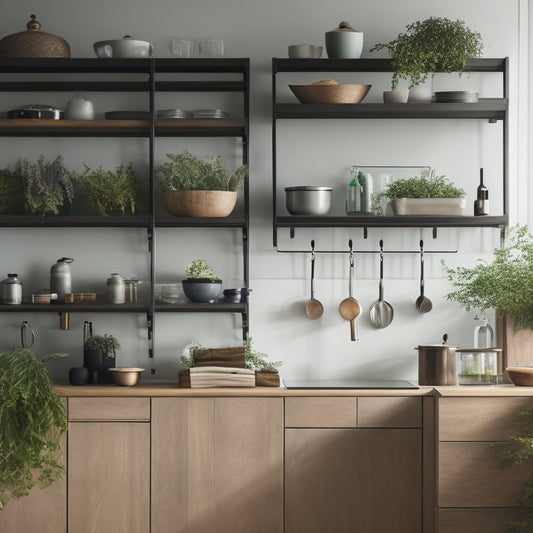 A sleek, minimalist kitchen showcasing elegant wall-mounted racks displaying vibrant cookware, herbs in glass jars, and hanging utensils. Natural wood accents, soft ambient lighting, and a touch of greenery enhance the modern aesthetic.