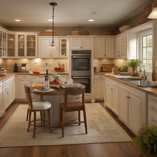 A warm, well-lit kitchen with a senior-friendly layout: a wheelchair-accessible island, lowered countertops, and a walk-in pantry with pull-out shelves, featuring a mix of warm wood tones and creamy whites.