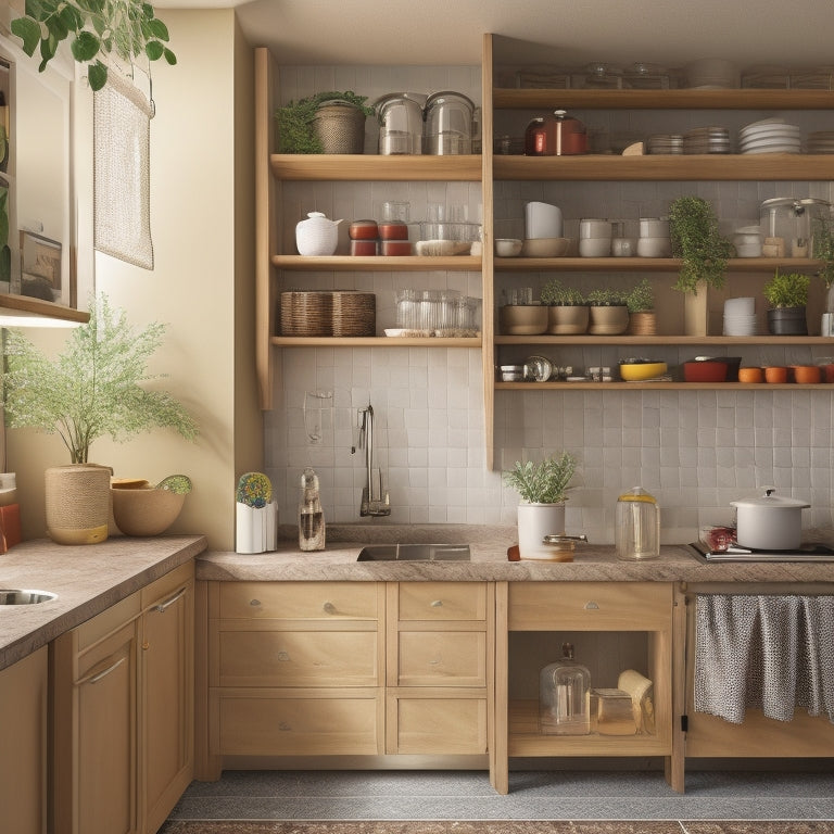 A cozy apartment kitchen featuring vertical shelves, pull-out cabinets, a magnetic knife strip, hanging pots, and multi-functional furniture, all in warm, inviting colors, showcasing organized spices and utensils in a compact, efficient design.