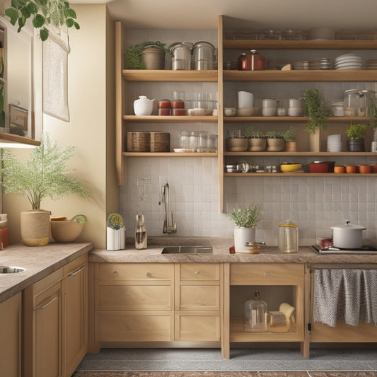 A cozy apartment kitchen featuring vertical shelves, pull-out cabinets, a magnetic knife strip, hanging pots, and multi-functional furniture, all in warm, inviting colors, showcasing organized spices and utensils in a compact, efficient design.