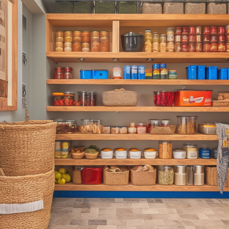 A beautifully organized pantry featuring sleek roll-out kitchen trays filled with vibrant spices, canned goods, and snacks, showcasing a harmonious blend of wood and metal textures against a backdrop of neatly arranged shelves.