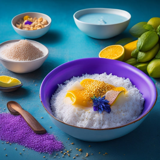 A vibrant and inviting image featuring a scoop of creamy ube-infused coconut milk poured over a bed of fluffy jasmine rice, surrounded by sliced fresh mango and toasted sesame seeds.