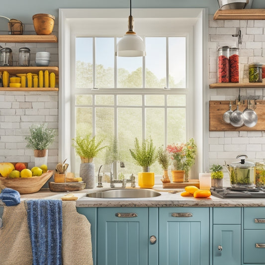 A bright, modern kitchen with an over-the-door organizer filled with colorful spice jars, utensils, and cutting boards. Sunlight streams through a window, illuminating a cozy ambiance and neatly arranged pots and pans nearby.