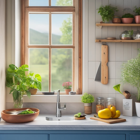 A cozy small kitchen with a sleek magnetic knife holder mounted on a light-colored wall, featuring various colorful knives, a wooden cutting board, fresh herbs in a pot, and soft natural light filtering through a window.