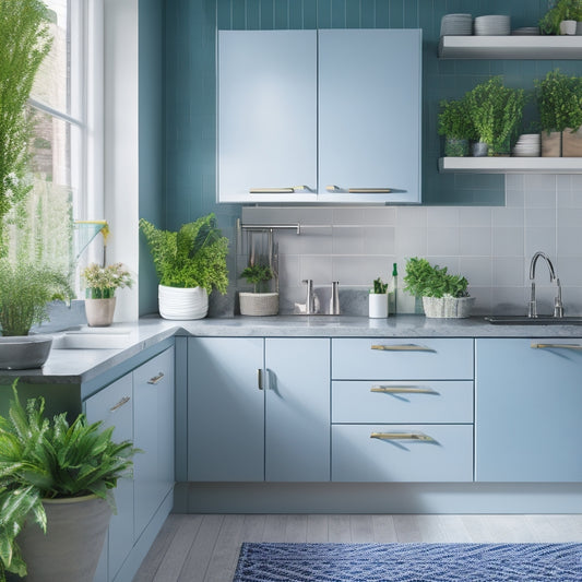 A bright, modern kitchen featuring a stylish under-sink cabinet with pull-out shelves. Organized cleaning supplies, neatly arranged containers, and a potted plant create an inviting, clutter-free space. Soft lighting enhances the sleek design.