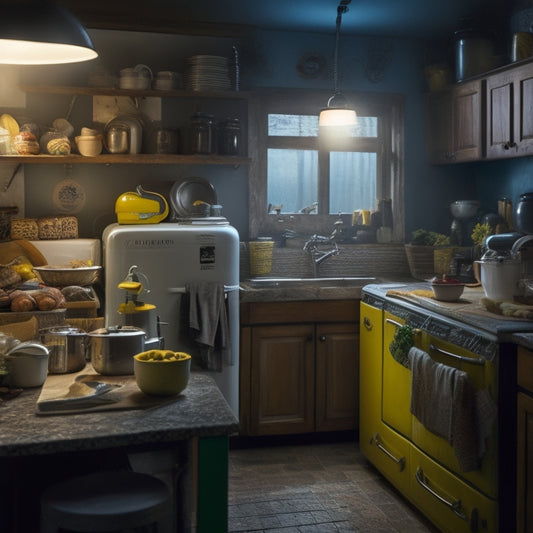 A dimly lit kitchen with open cabinets revealing cluttered shelves, expired food, and dusty appliances, while a flashlight beam illuminates a forgotten crumbs-filled toaster and a worn-out sponge in the sink.