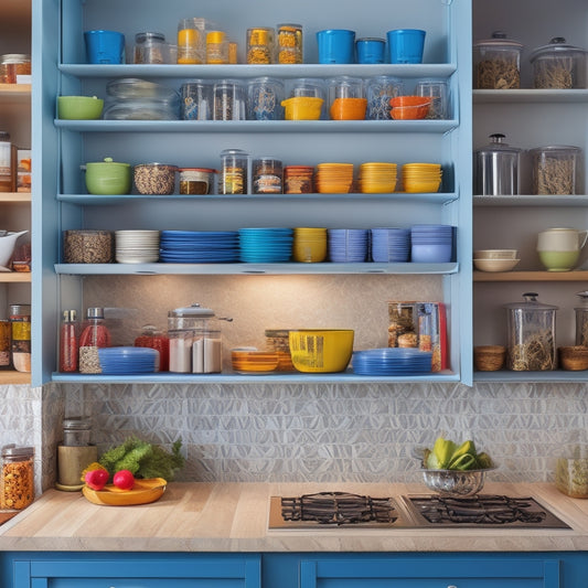 A deep kitchen cabinet filled with colorful adjustable shelf inserts, showcasing neatly organized spices, dishes, and cookware. Soft lighting highlights the versatility of the inserts, with varying heights and patterns creating a dynamic visual appeal.