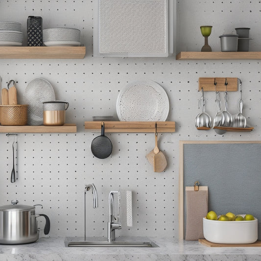 A neatly organized, compact kitchen with a pegboard on the wall, a hanging pot rack, and a utensil organizer on the counter, surrounded by minimal yet stylish decor.