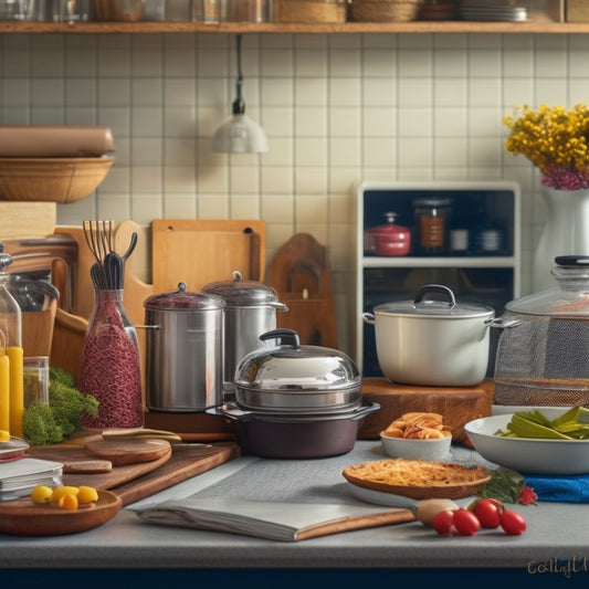 A messy kitchen countertop with overflowing utensil holders, scattered recipe books, and appliances covered in dust, contrasted with a small, organized section featuring a tidy utensil organizer and a few neatly arranged cookbooks.