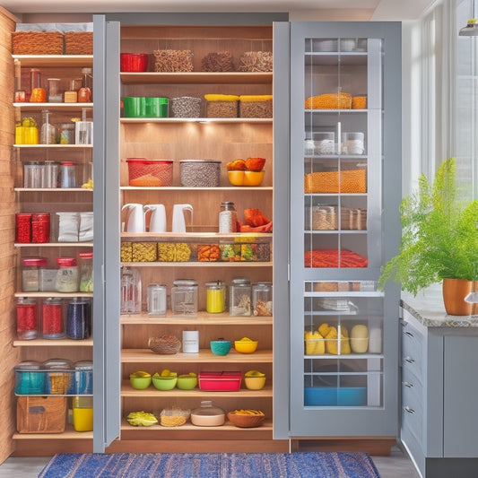 A sleek, modern freestanding pantry unit with open shelves, glass-front cabinets, and pull-out organizers filled with colorful spices, jars, and baskets, set against a bright kitchen backdrop with natural light streaming in.