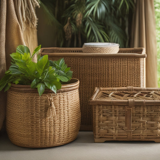 A serene, natural-toned background with 3-4 handwoven rattan storage boxes of varying sizes, adorned with intricate patterns and subtle wooden accents, arranged artfully with lush greenery and woven baskets.