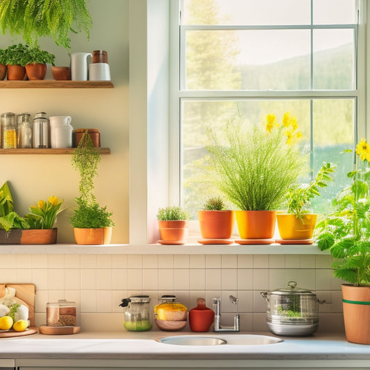 A cozy rental kitchen featuring sleek, modern foldable shelves adorned with colorful kitchenware, fresh herbs in pots, and a sunny window background, conveying an inviting and space-efficient atmosphere.