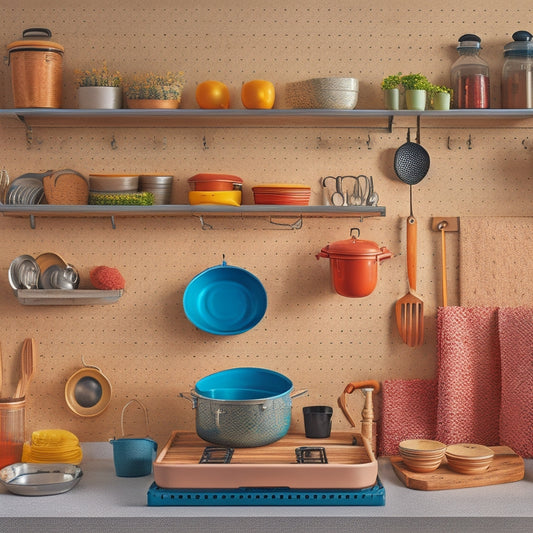 A tidy kitchen with a pegboard on the wall, holding various pots and pans in a neat arrangement, alongside a utensil organizer and a few cookbooks on a nearby shelf.