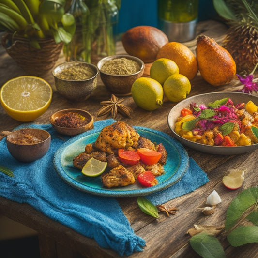 Vibrant colors of tropical fruits, spices, and exotic flowers surround a steaming plate of jerk chicken, conch fritters, and coconut rice, set against a warm, sun-kissed wooden background.