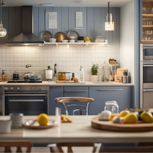 A bright, modern kitchen with stainless steel appliances, a large island, and a pegboard with organized utensils, surrounded by a blurred-out background of a busy restaurant or café.
