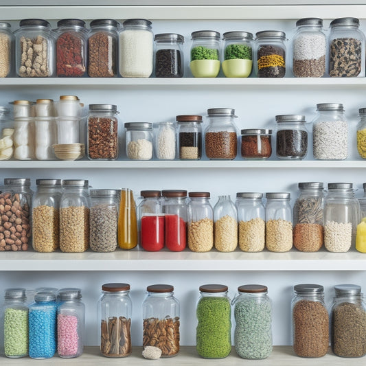 A tidy pantry with jars and containers of varying sizes, adorned with colorful, removable labels in different shapes and fonts, set against a clean white background.